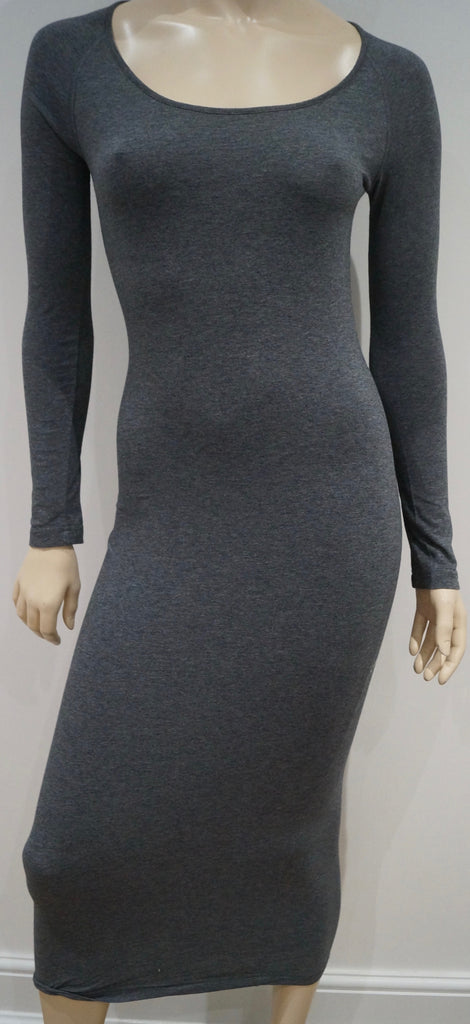 ASPESI Charcoal Grey Cotton Stretch Round Neck Long Sleeve Bodycon Maxi Dress M