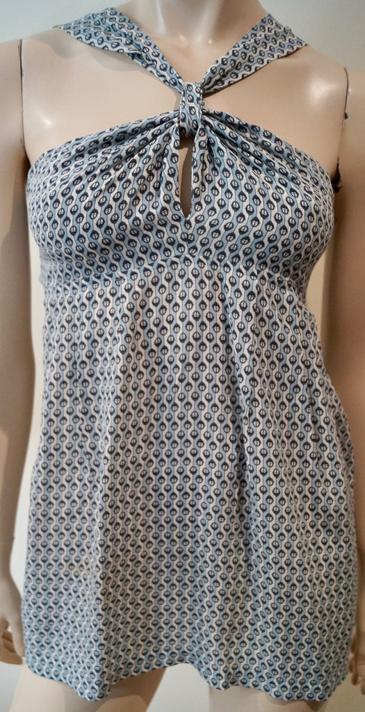 PAUL & JOE Women's Blue & Cream Silk Geometric Print Sleeveless Tunic Top 2 UK12