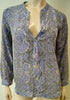 JOIE Blue Purple Cream 100% Silk Geometric Print Collarless V Neck Blouse Top XS