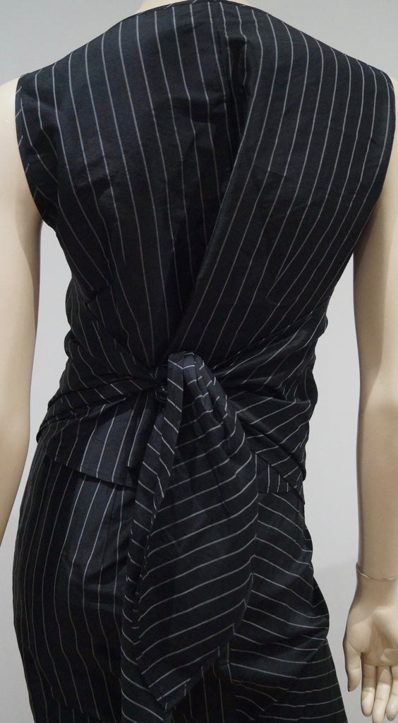 JASMINE Black & Grey Stripe Silk Wrap Sleeveless Tie Top Knee Length Skirt Suit
