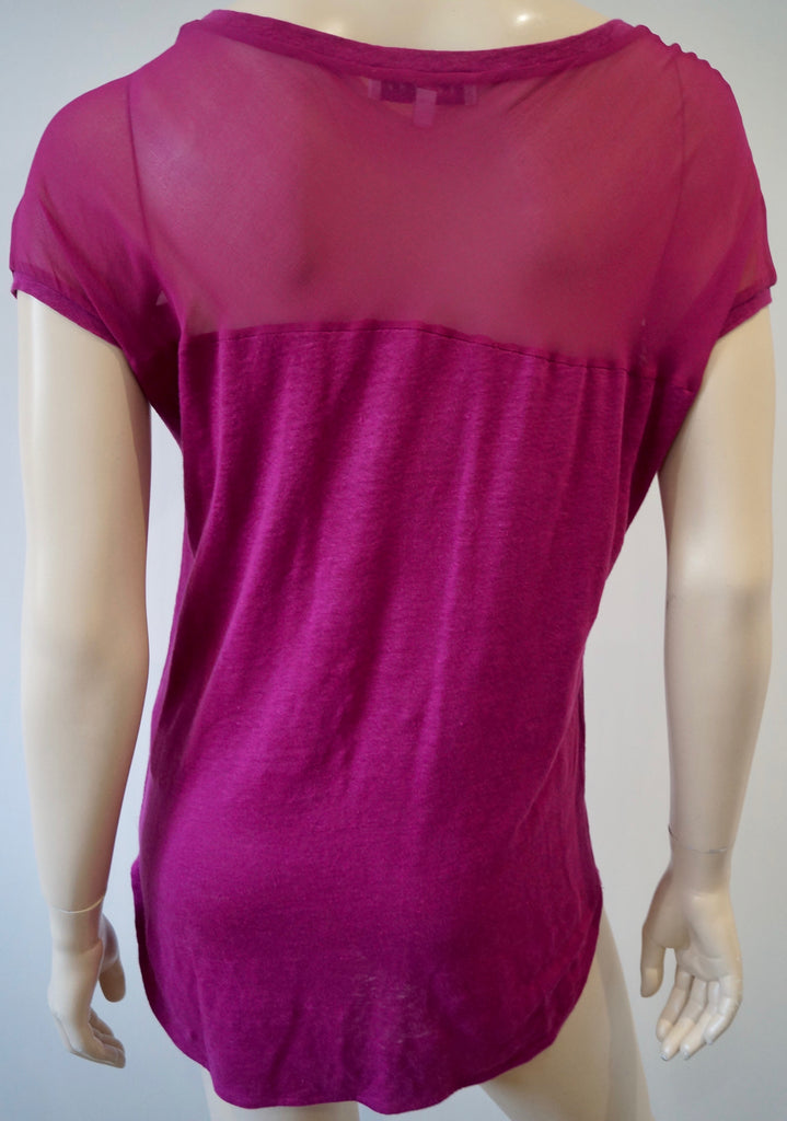 SANDRO Women's Hot Pink Scoop Neck Sheer Panelled Short Sleeve Top Sz2; M