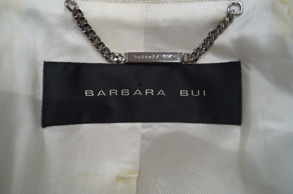 BARBARA BUI Cream Brown Flax Cotton & Leather Trim Lined Formal Blazer Jacket 38