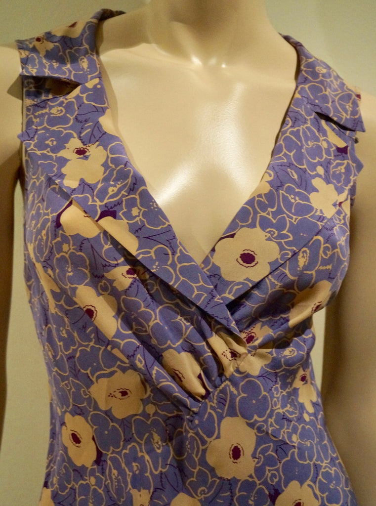 ASPESI Silk Lilac Purple & Cream Floral Print V Neck Sleeveless Dress 42 UK10