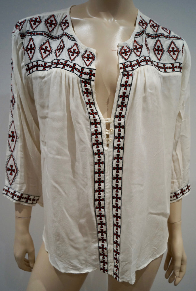 MELISSA ODABASH White 100% Rayon Stitch Detail 3/4 Sleeve Summer Kaftan Top