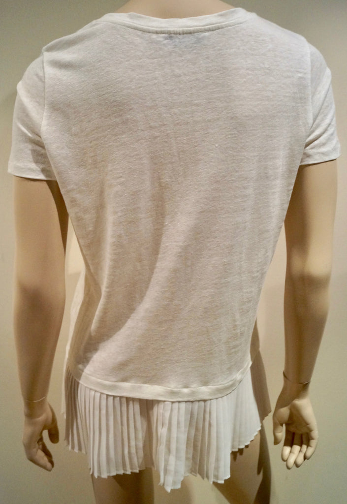 SANDRO Winter White 100% Linen Short Sleeve Pleated Hemline Summer Top Sz: 2 M