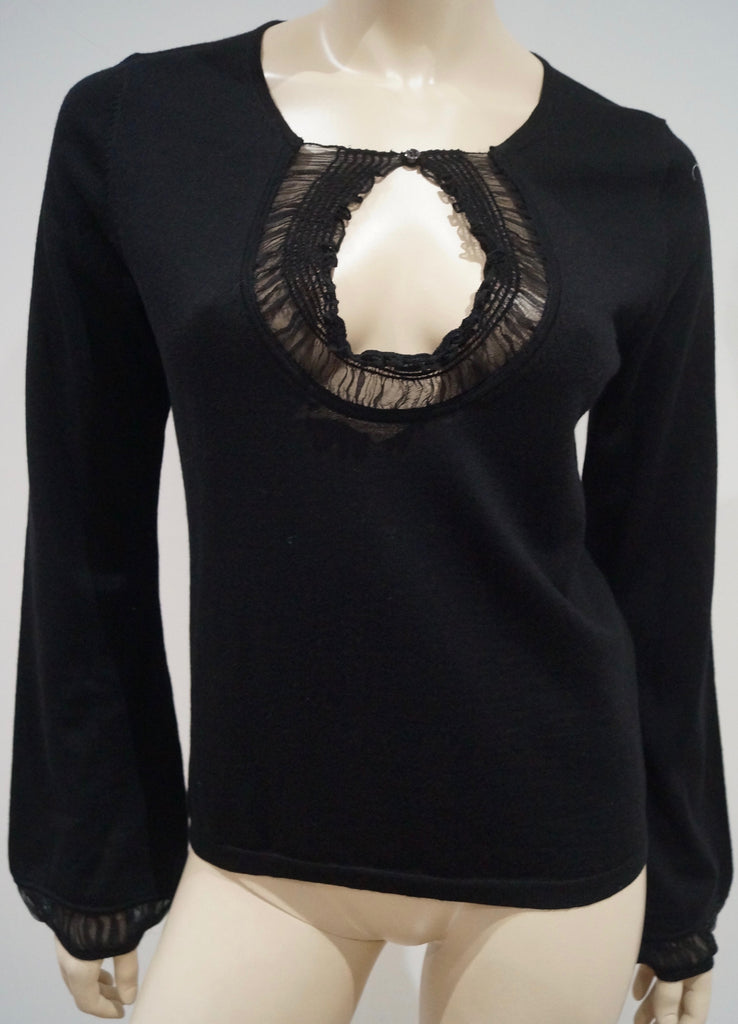 BARBARA BUI Black 100% Merino Wool Chiffon Detail Long Sleeve Jumper Sweater Top M