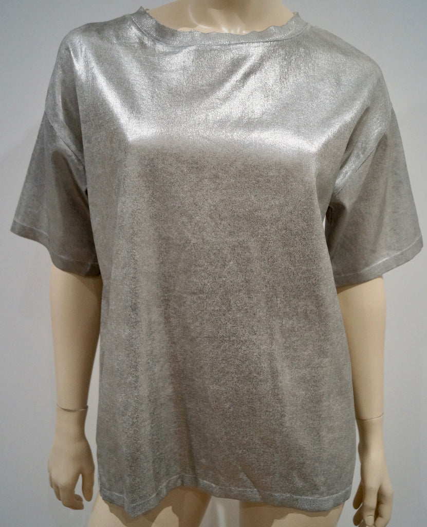 PHILOSOPHY Made In Italy Silver Sheen 100% Cotton Round Neck Short Sleeve Top M