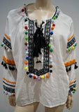 DODO BAR OR White Cotton Multi Colour Pompon & Stitch Detail Beachwear Kaftan To
