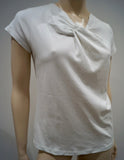 SALVATORE FERRAGAMO Made In Italy White Cotton Pleated Neck Short Sleeve Tee Top