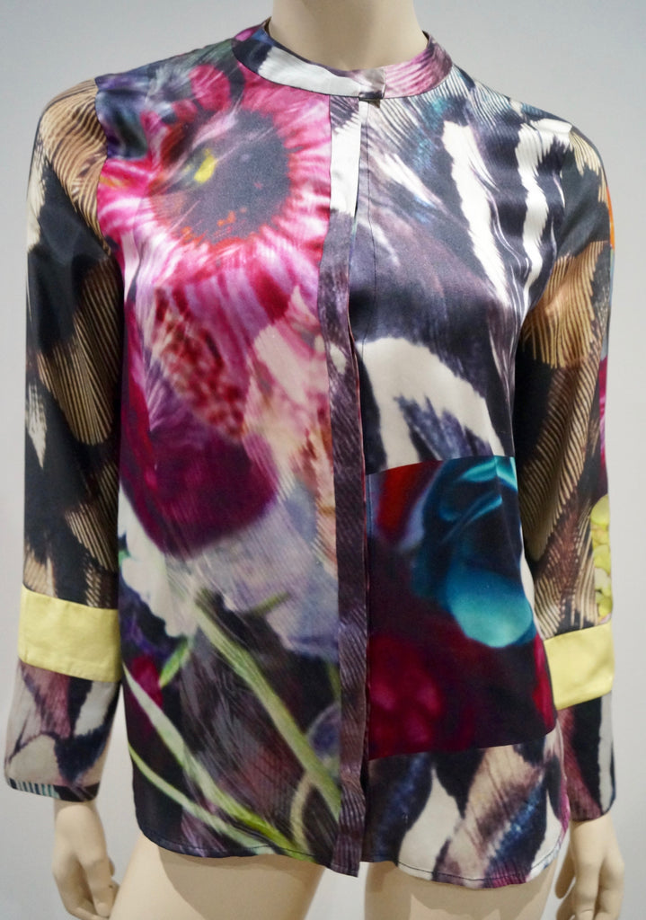 PREEN LINE Multicolour Silk Abstract Print Collarless Long Sleeve Blouse Shirt S