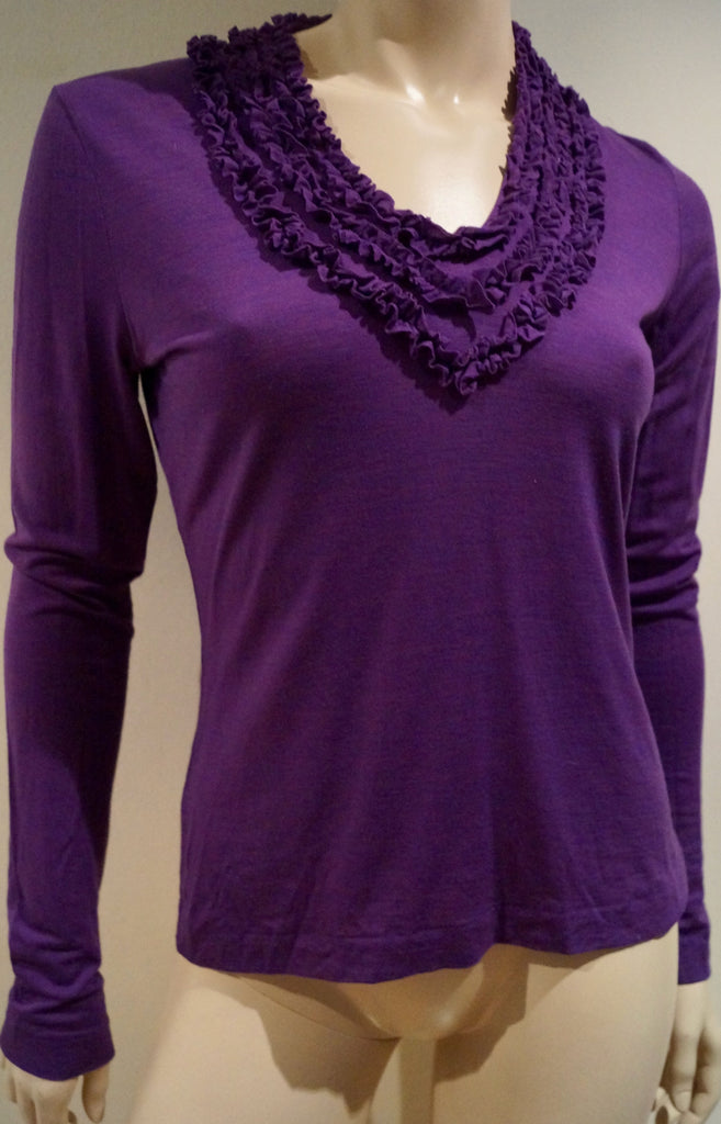 ETRO MILANO Purple Wool Blend Ruffled V Neck Long Sleeve Sweater Top 44 UK12