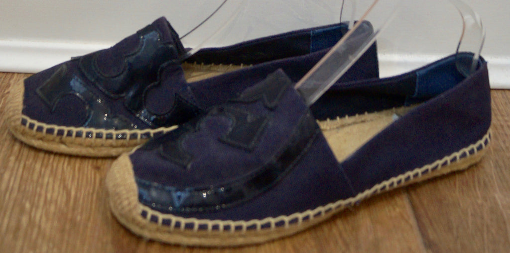 TORY BURCH Navy Blue Canvas & Patent Leather Logo Espadrilles Shoes 8.5; UK5.5