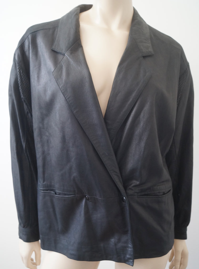 LOUIS FERAUD Black Perforated Detail Double Breasted Casual Leather Jacket L