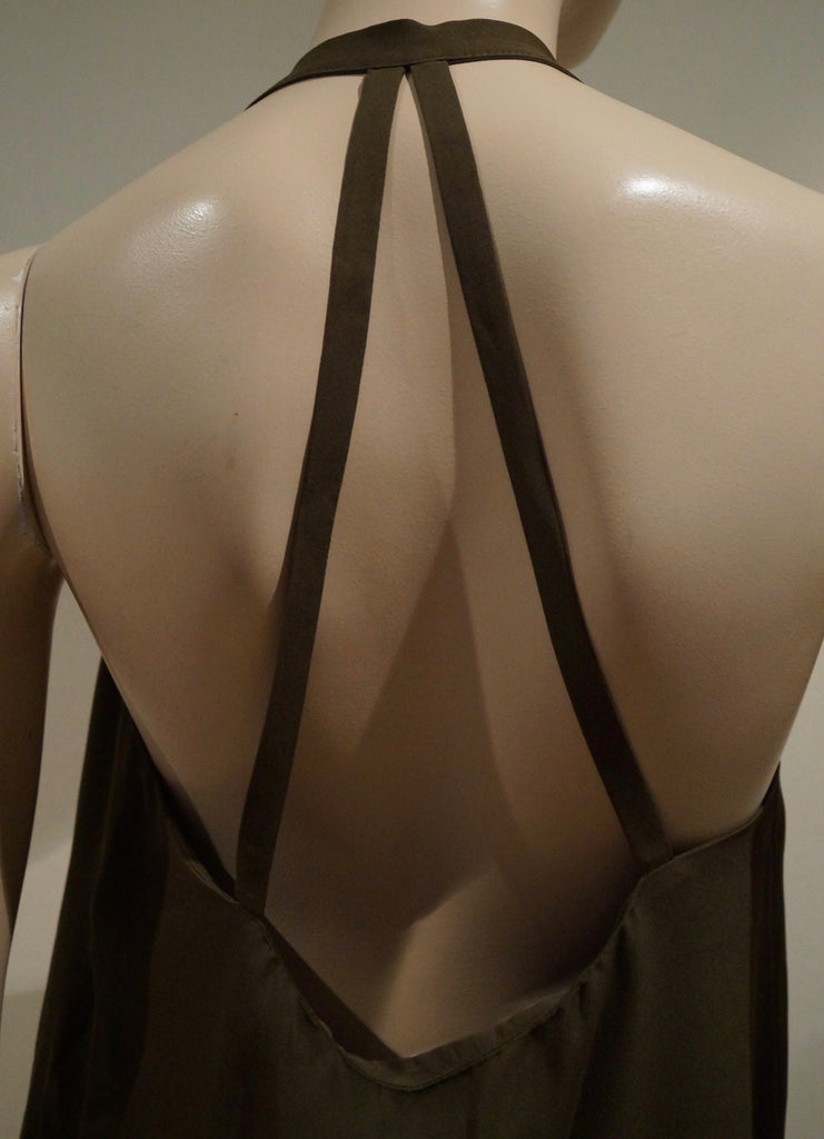 HAUTE HIPPIE Brown 100% Silk Draped V Neck Open Strappy Rear Sleeveless Top Sz:M