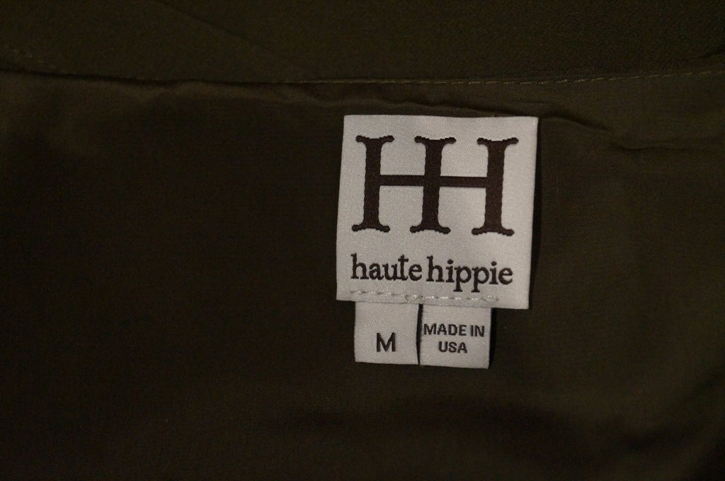 HAUTE HIPPIE Brown 100% Silk Draped V Neck Open Strappy Rear Sleeveless Top Sz:M