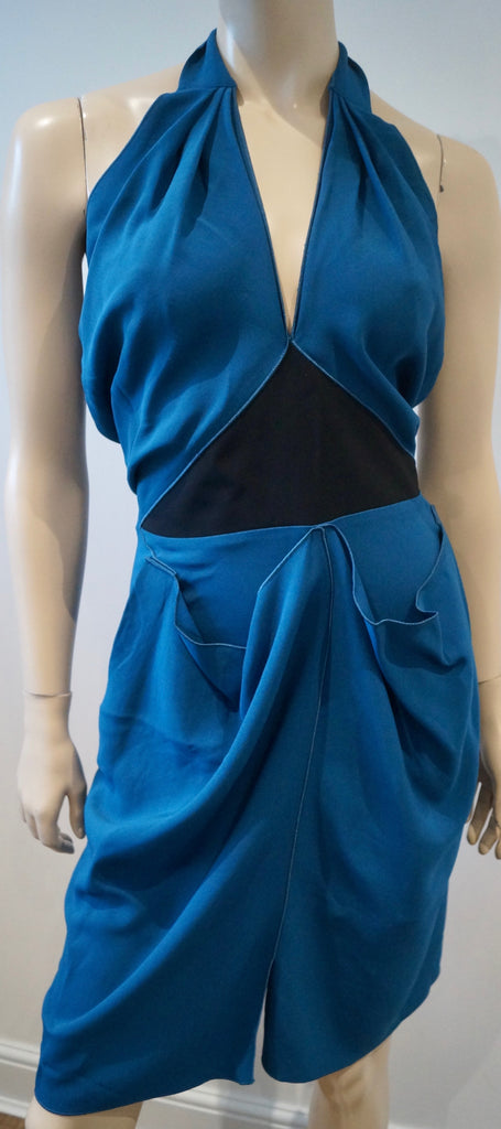 RM BY ROLAND MOURET Royal Blue Halter V Neck Sleeveless Draped Panel Dress UK12