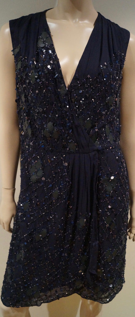 BLANK LONDON Midnight Blue Black Silk Sequin Beaded V Neckline Sleeveless Dress