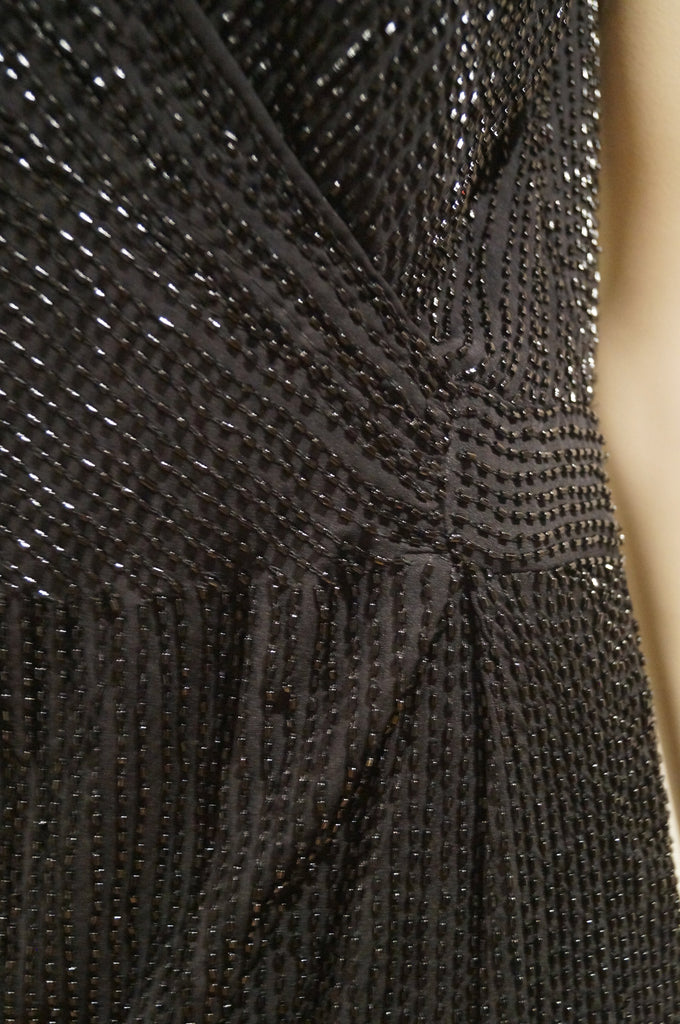 DVF DIANE VON FURSTENBERG Black Silk Beaded V Neckline Sleeveless Evening Dress
