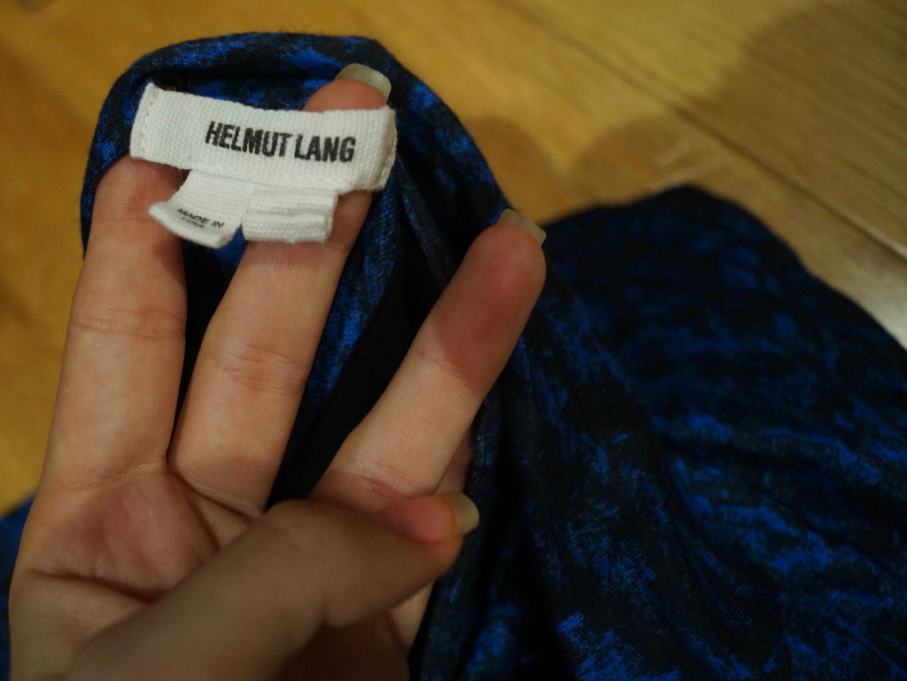 HELMUT LANG Blue & Black Animal Print Sleeveless Ruched Draped Rear Jersey Dress