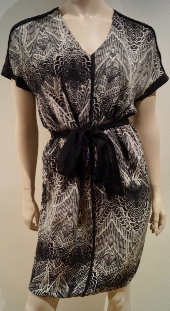 DAY BIRGER & MIKKELSEN Black Cream Silk Geometric V Neck Tie Waist Dress UK8