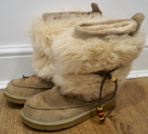 BARBARA BUI Beige Leather & Suede Cream Shearling Trim Flat Winter Boots 39 UK6