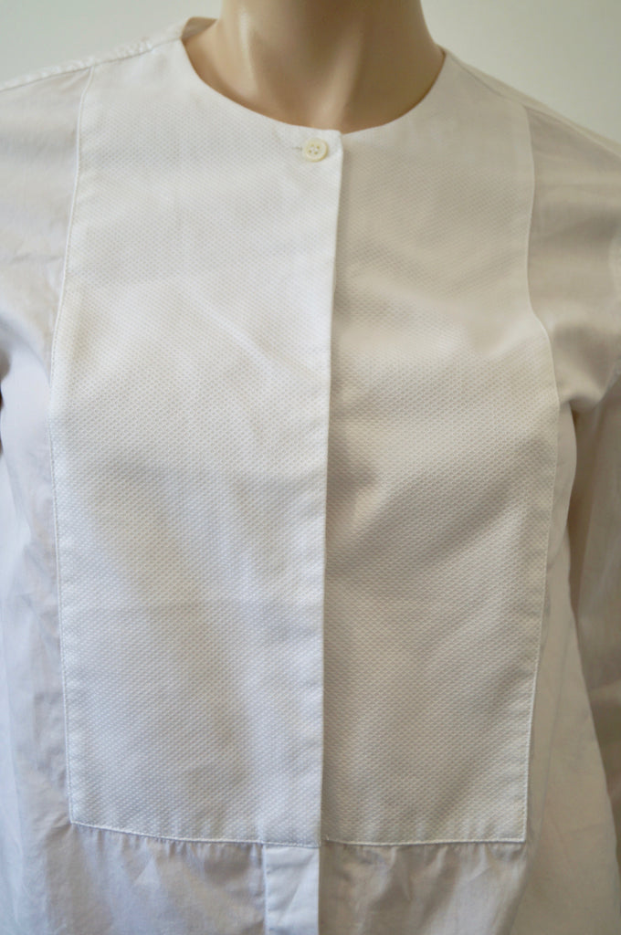 THEORY White 100% Cotton Collarless Bib Detail Long Sleeve Formal Blouse Shirt