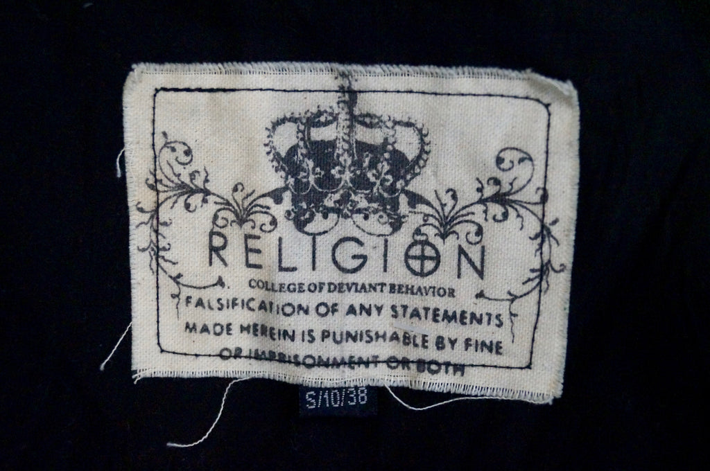 RELIGION Black Leather Cotton Trim Large Collar Zipper Fasten Waterfall Jacket S