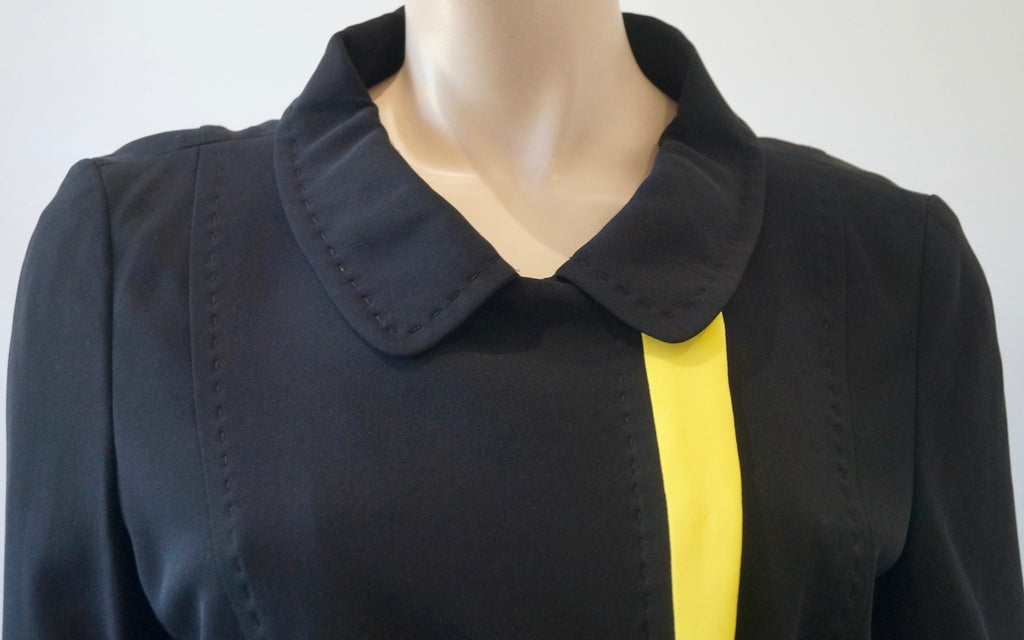 FERAUD Midnight Black & Yellow Trim 100% Silk Collared Boxy Blazer Jacket
