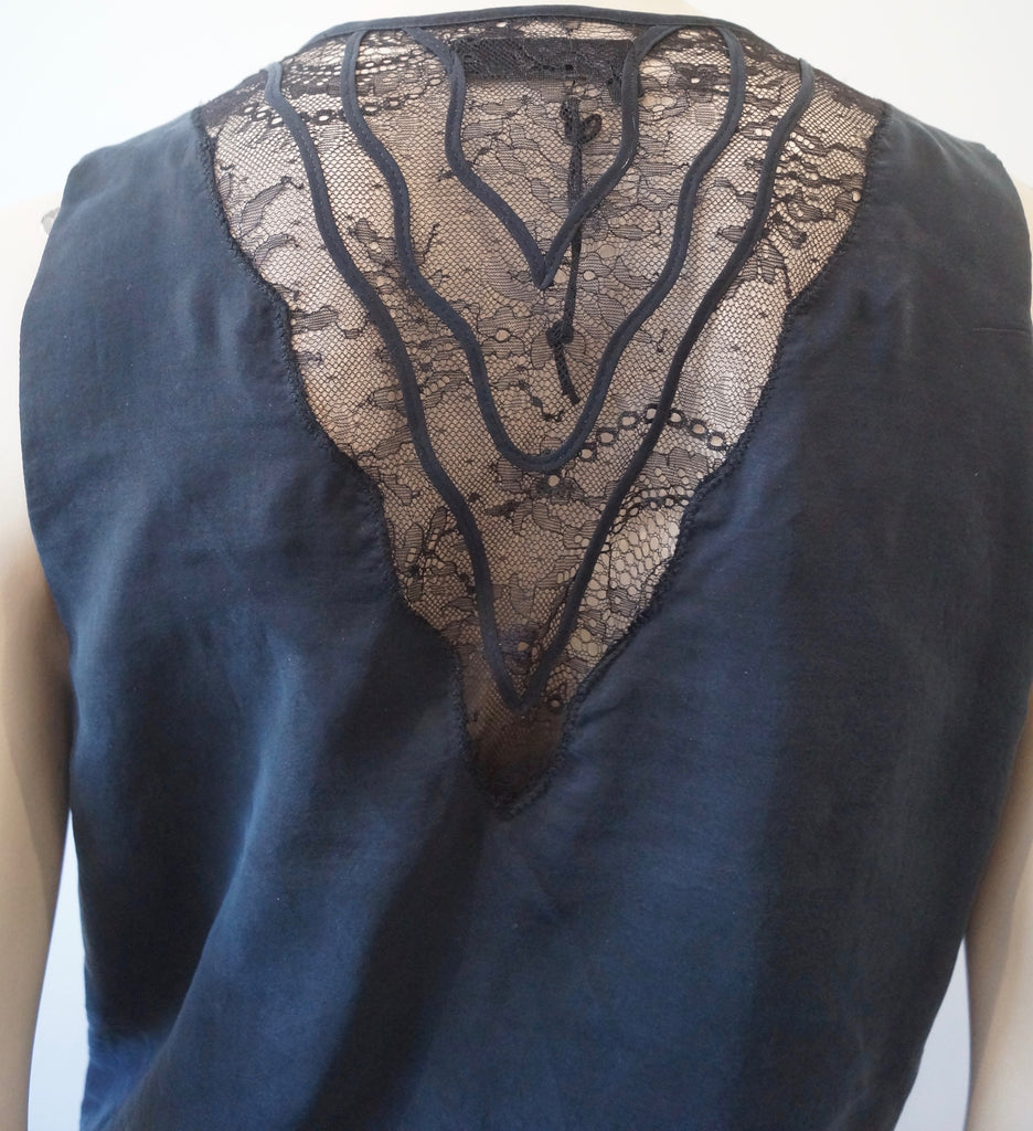 THE KOOPLES Midnight Blue Black 100% Silk Lace Detail V Neck Sleeveless Dress XL