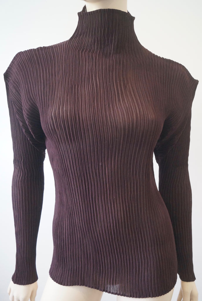 ISSEY MIYAKE Women's Brown High Polo Neck Pleated Blouse Top Sz: M/L