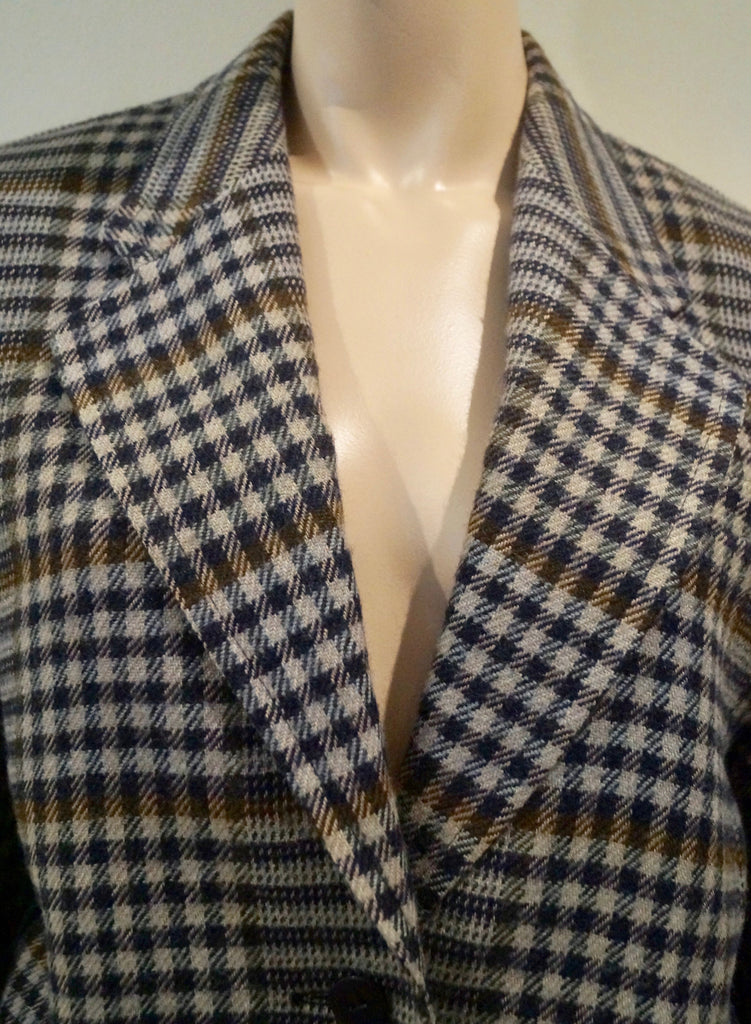 LAUREL Beige Brown & Black Checked Wool Blend Collared Blazer Jacket FR38 UK10