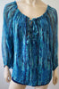 RAMY BROOK Blue Green Black 100% Silk Abstract Print Scoop Neck Blouse Tunic Top