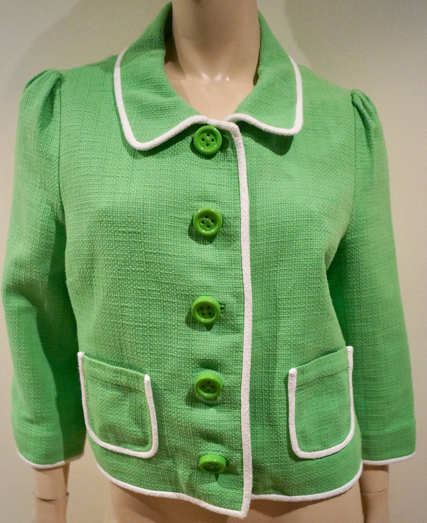 KATE SPADE Green & White 100% Cotton Textured Boxy Summer Blazer Jacket 12 UK16