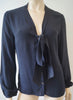 MICHAEL KORS Blue Black Silk Tie Fasten V Neck Long Sleeve Blouse Shirt Top UK10