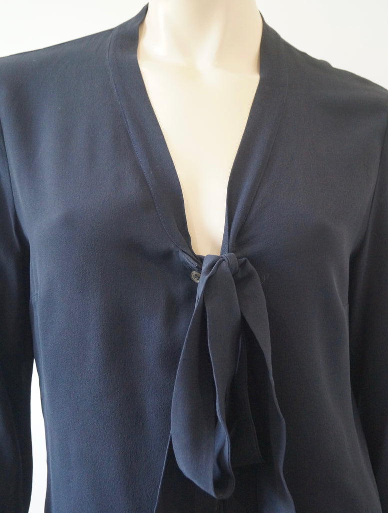 MICHAEL KORS Blue Black Silk Tie Fasten V Neck Long Sleeve Blouse Shirt Top UK10