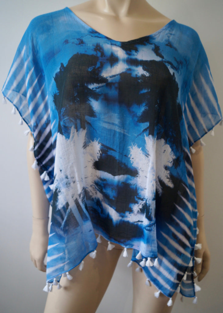 SEAFOLLY Blue Black White Cotton Tropical Print Cap Sleeve Tassel Kaftan Top SzL