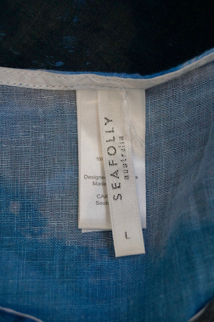 SEAFOLLY Blue Black White Cotton Tropical Print Cap Sleeve Tassel Kaftan Top SzL