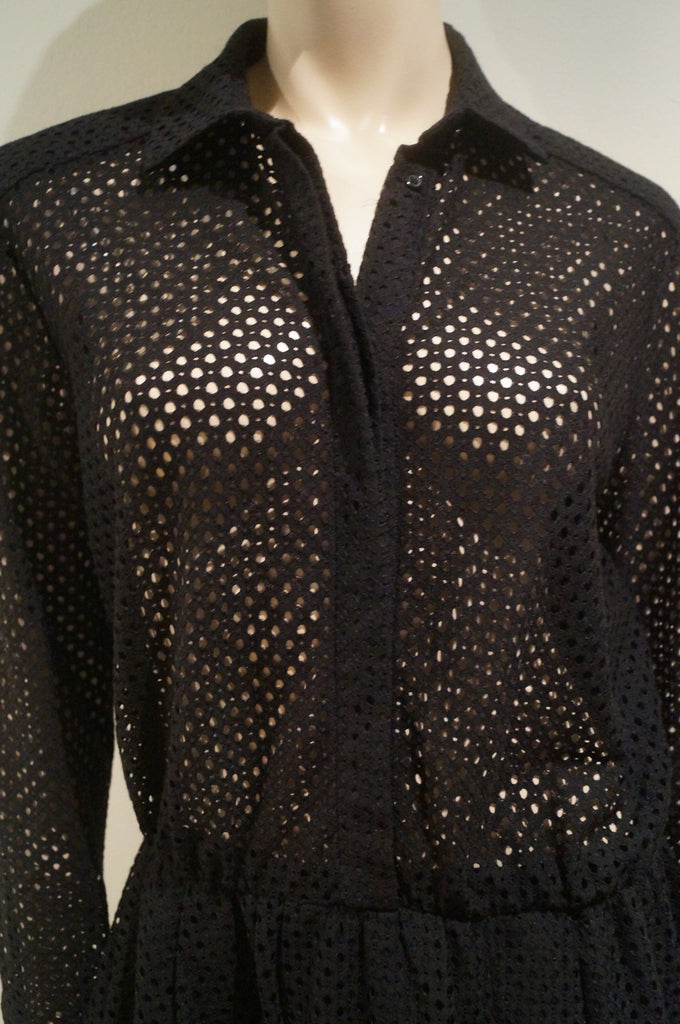 IRO Designer Black Collared Perforated Hole Detail Short Pleated Shirt Dress 40