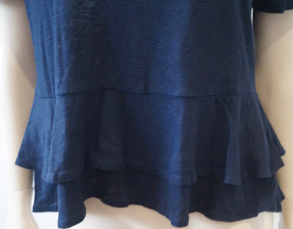 REBECCA TAYLOR Navy Blue Linen Scoop Neck Short Sleeve Pleated Hem T-Shirt Top L