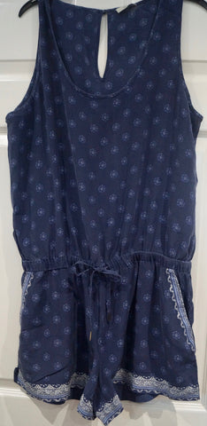 FINE COLLECTION Navy Blue 100% Linen Round Neck Sleeveless Romper Playsuit S