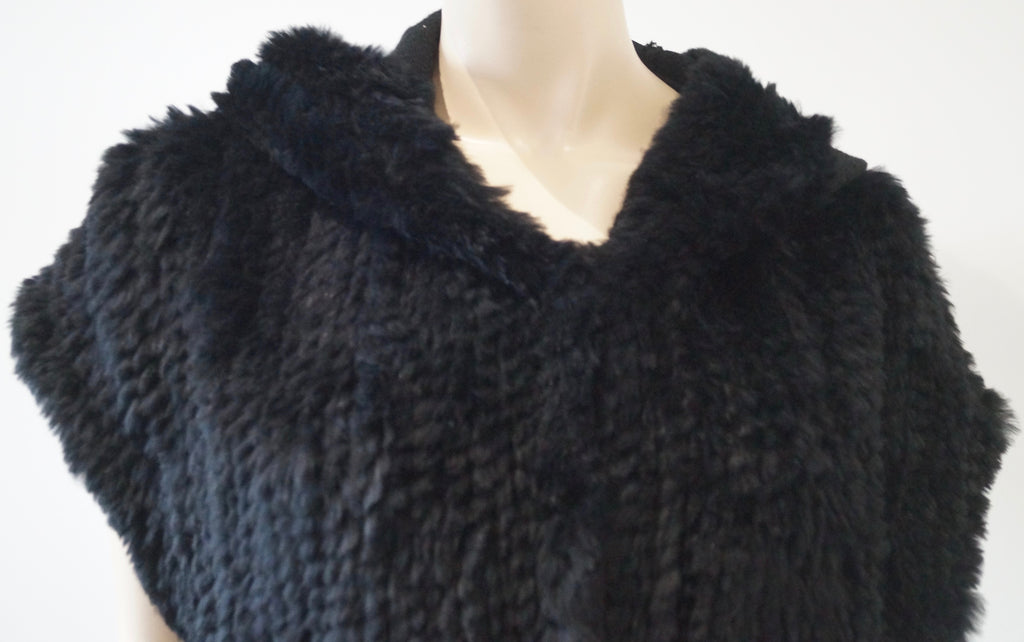 PINKO Women's Black Rabbit Fur Hooded Short Sleeve Hoodie Cardigan Top UK10