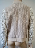 REBECCA TAYLOR Pale Pink Textured Fabric Body Cream Lace Sleeve Bomber Jacket M