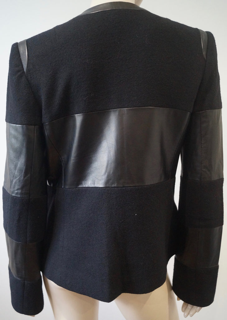 L'AGENCE Black Wool & Lamb Leather Open Front Panelled Blazer Jacket 6 UK10