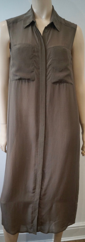 T ALEXANDER WANG Brown 100% Silk Collared Sleeveless Summer Midi Shirt Dress S