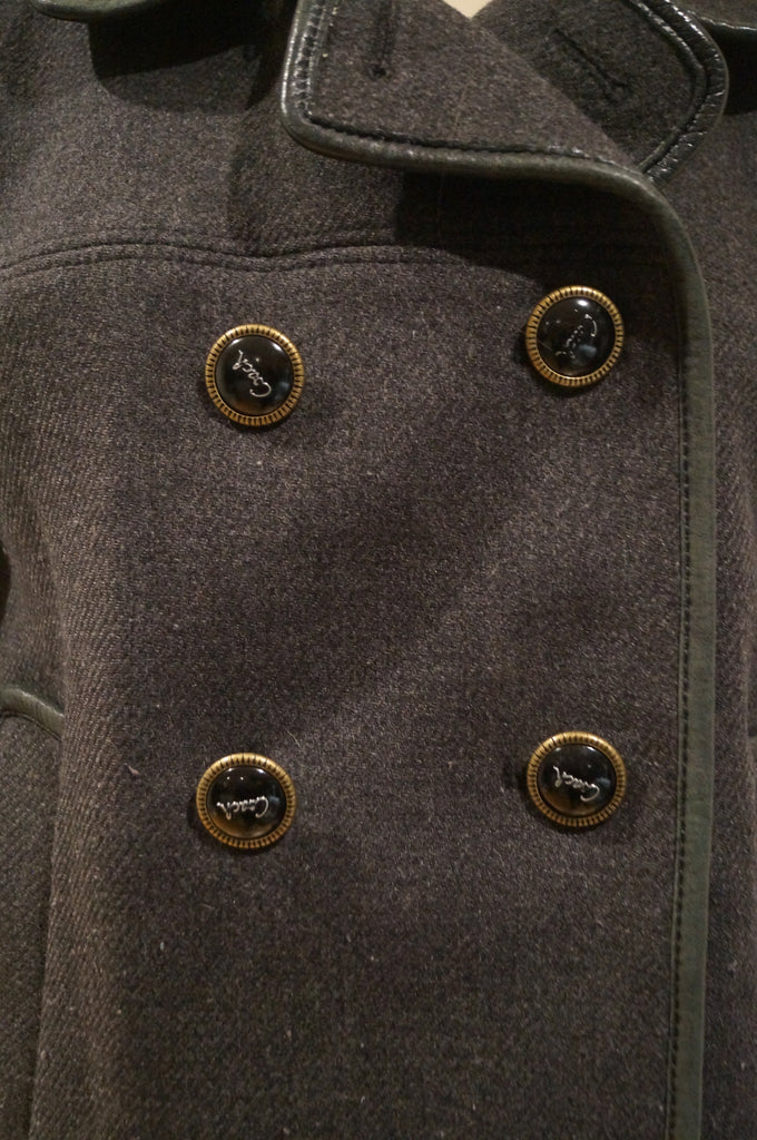 COACH LEATHERWARE Charcoal Grey Wool Blend Leather Trim Outdoor Blazer Jacket L