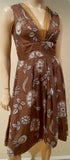 SPORTMAX Brown & Cream Floral Print V Neck Sleeveless Empire Waist Pleated Dress