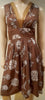 SPORTMAX Brown & Cream Floral Print V Neck Sleeveless Empire Waist Pleated Dress