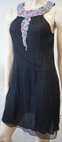 FAUST Black Silk Round Pink Grey Clear Beaded Sequin Neckline Evening Slip Dress