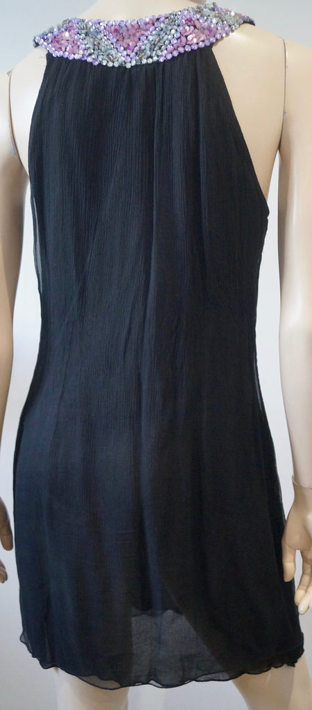 FAUST Black Silk Round Pink Grey Clear Beaded Sequin Neckline Evening Slip Dress