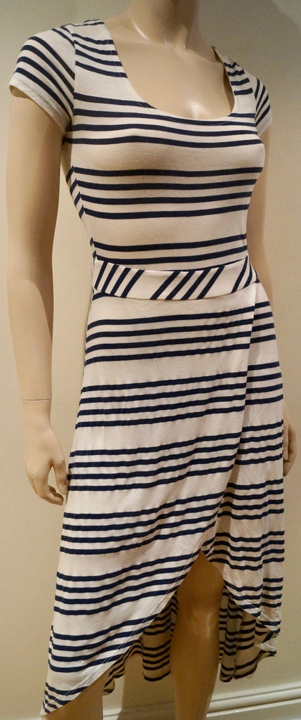 SPLENDID Cream Black Stripe Cotton Blend Short Sleeve Crossover Skirt Midi Dress